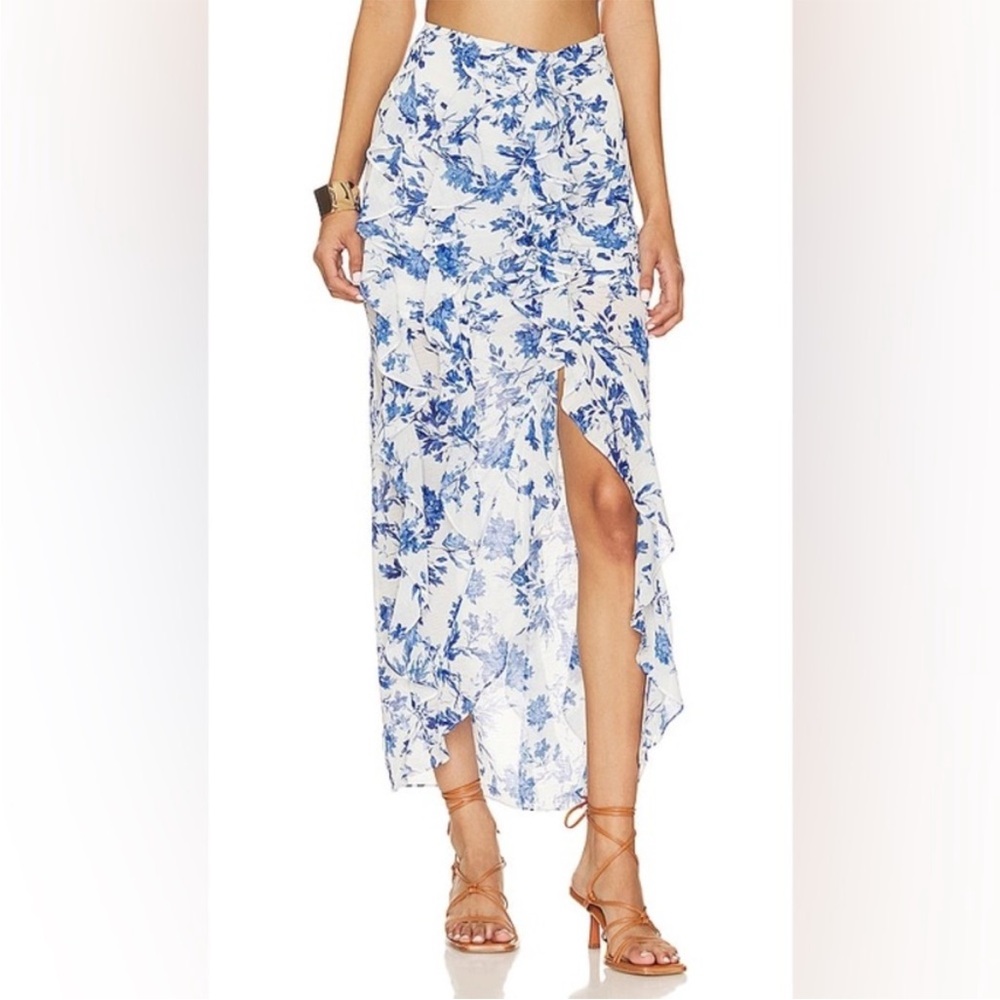 Free People White and Blue Flounce Around Floral Maxi Skirt